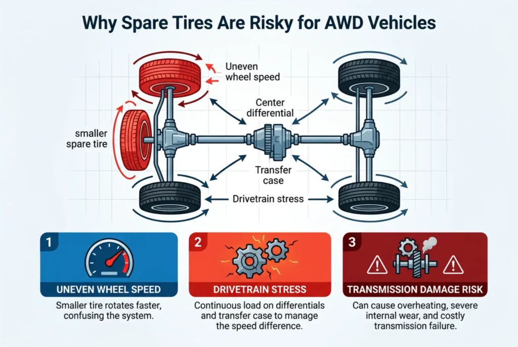 awd spare tire risk diagram showing uneven wheel rotation and drivetrain stress when using a spare tire