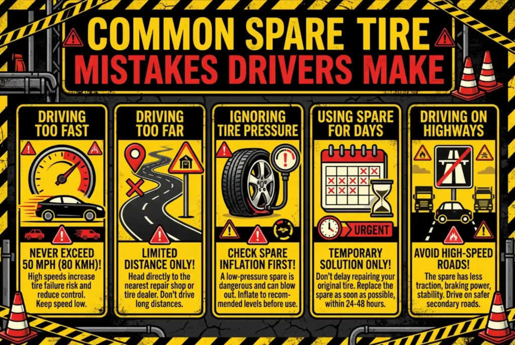 common spare tire mistakes infographic showing driving too fast too far ignoring pressure and using spare too long