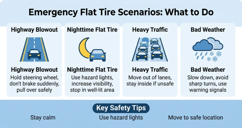 emergency flat tire scenarios infographic showing highway blowout nighttime driving heavy traffic and bad weather safety tips
