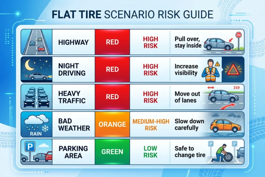 flat tire scenario risk guide infographic showing highway night driving heavy traffic bad weather and parking area safety actions