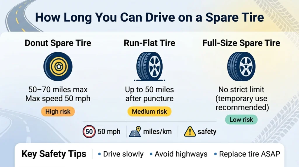 How Long You Can Drive on a Spare how long you can drive on a spare tire infographic showing donut run flat and full size tire limits
