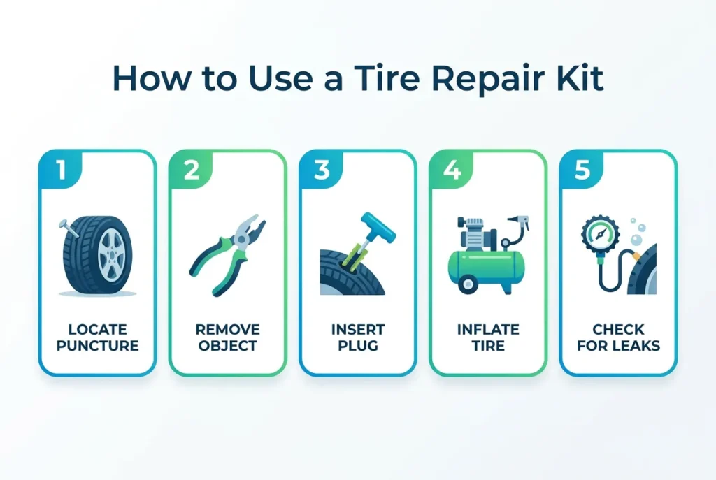 how to use a tire repair kit step by step infographic showing puncture removal plug insertion and tire inflation