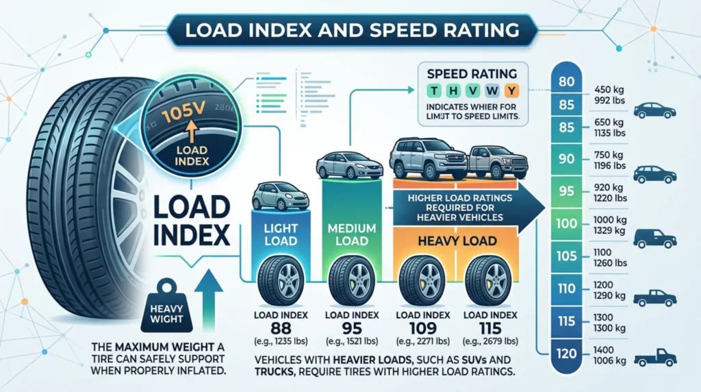 tire load index and speed rating chart explaining tire weight capacity and speed limits