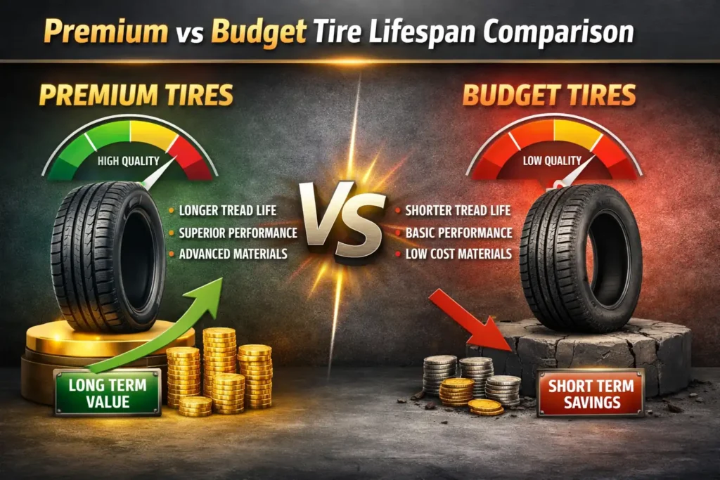 premium vs budget tires quality comparison showing lifespan performance and long term value