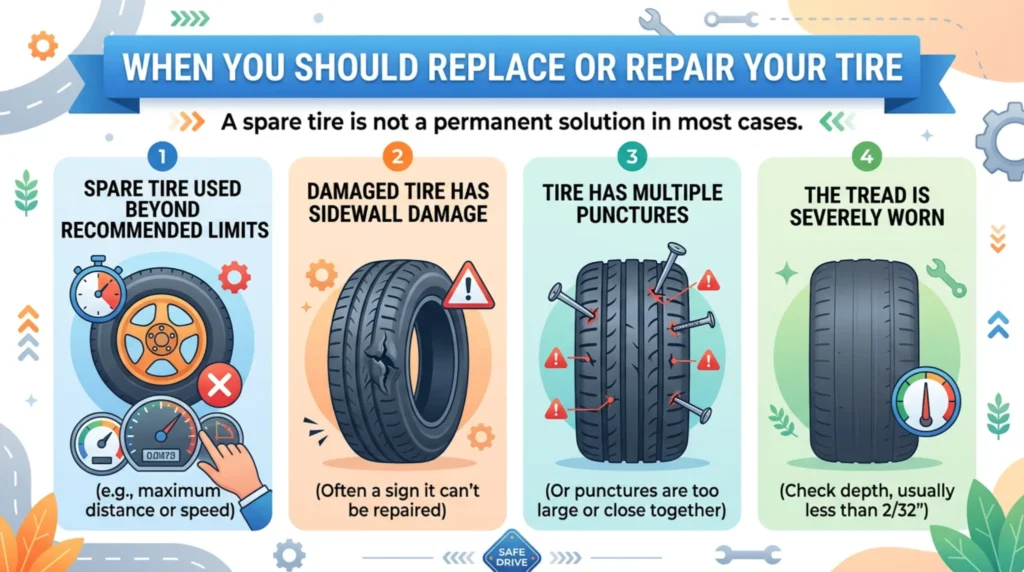 when to replace or repair a tire infographic showing worn tread sidewall damage and multiple punctures