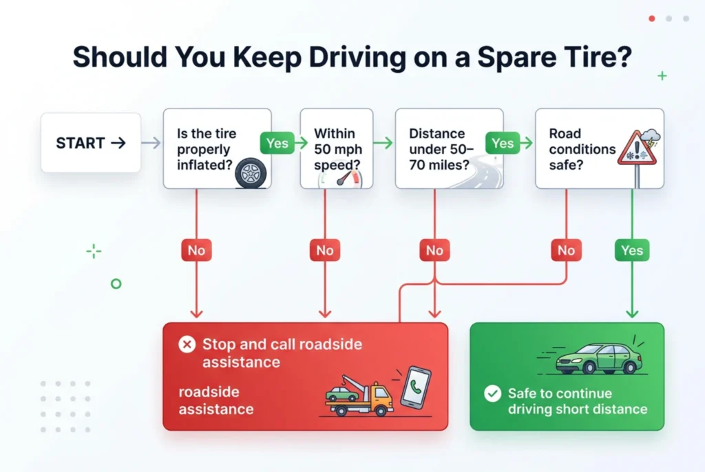 spare tire decision guide infographic showing when to keep driving or stop based on speed distance and safety conditions