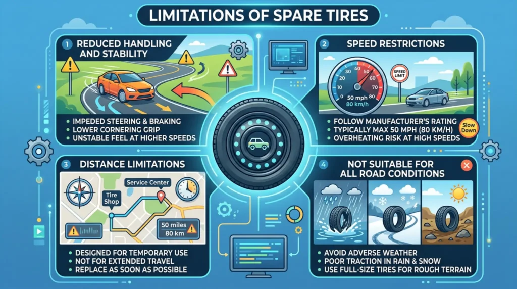 spare tire limitations infographic showing speed distance handling and road condition restrictions