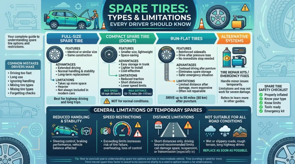 Spare Tires: Types & Limitations spare tires types and limitations infographic showing full size donut run flat tires and safety limits
