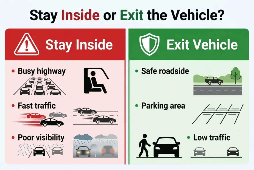 stay inside or exit vehicle flat tire infographic showing when to stay in car or safely exit during tire emergency