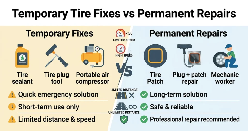 Temporary Fixes vs Permanent Repairs temporary tire fixes vs permanent repairs infographic showing sealant plug patch and professional tire repair comparison