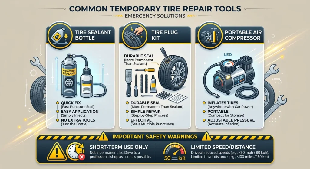 temporary tire repair tools including sealant plug kit and portable air compressor for emergency flat tire fixes