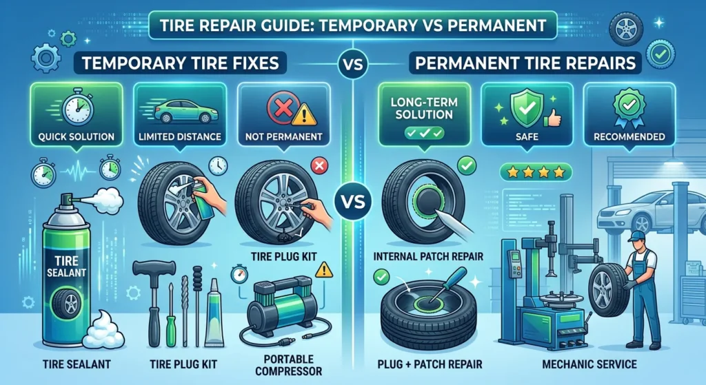 temporary vs permanent tire repair comparison showing sealant and plug kits vs patch repair and mechanic service