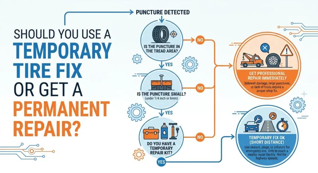 temporary vs permanent tire repair decision guide flowchart showing when to use tire sealant or professional repair