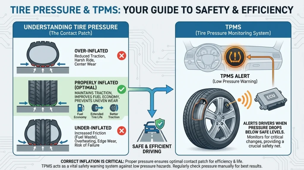 Infographic explaining tire pressure contact patch, overinflated and underinflated tires, and how TPMS monitors tire pressure for vehicle safety
