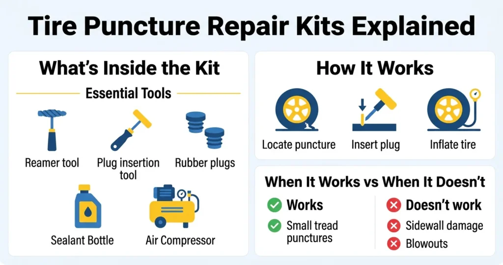tire puncture repair kits explained infographic showing tools steps and when repair kits work or fail