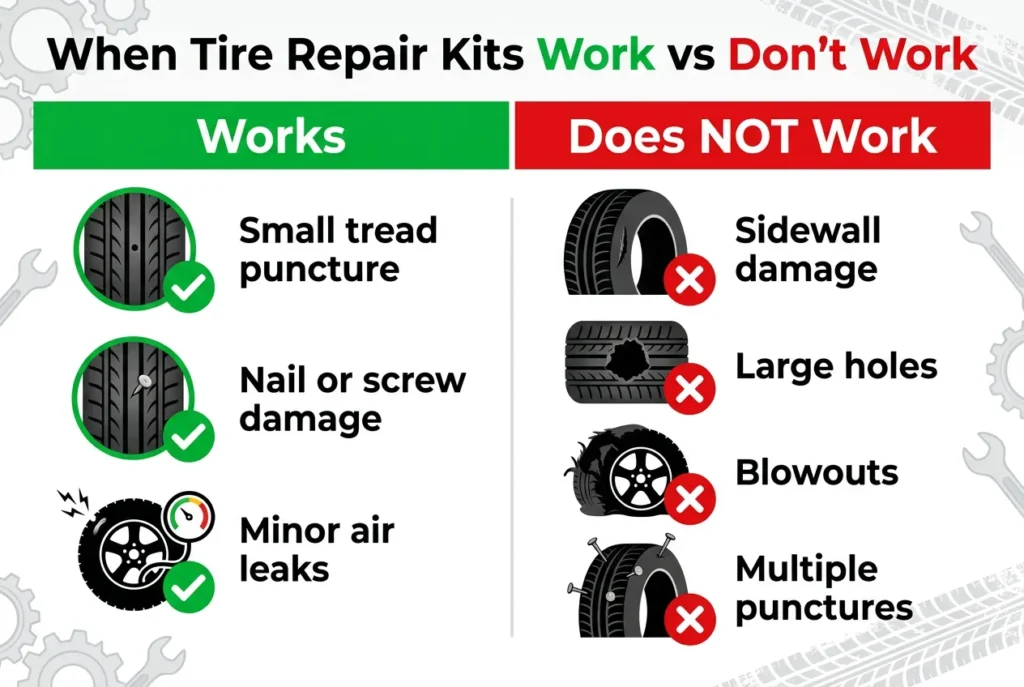 tire repair kit works vs does not work infographic showing tread punctures sidewall damage and blowouts comparison