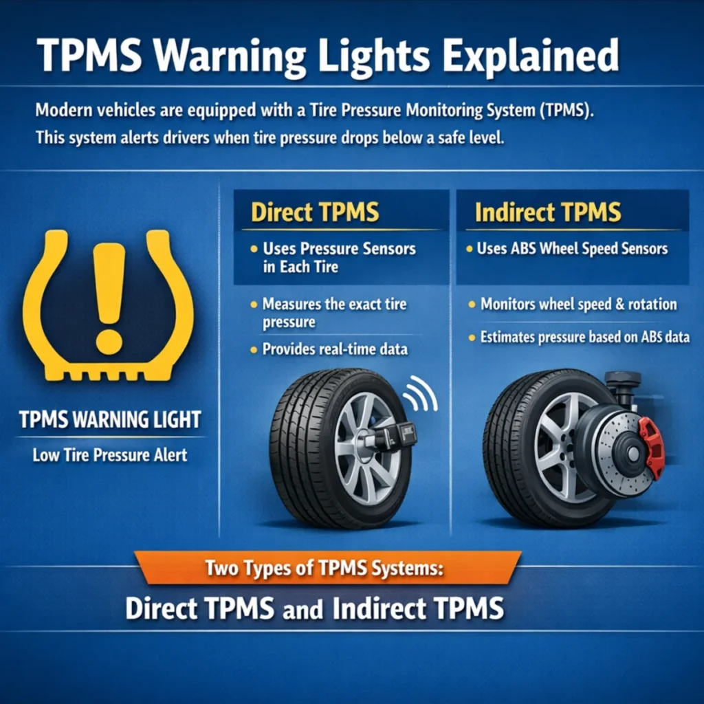 TPMS warning light explained infographic showing direct TPMS and indirect TPMS tire pressure monitoring systems