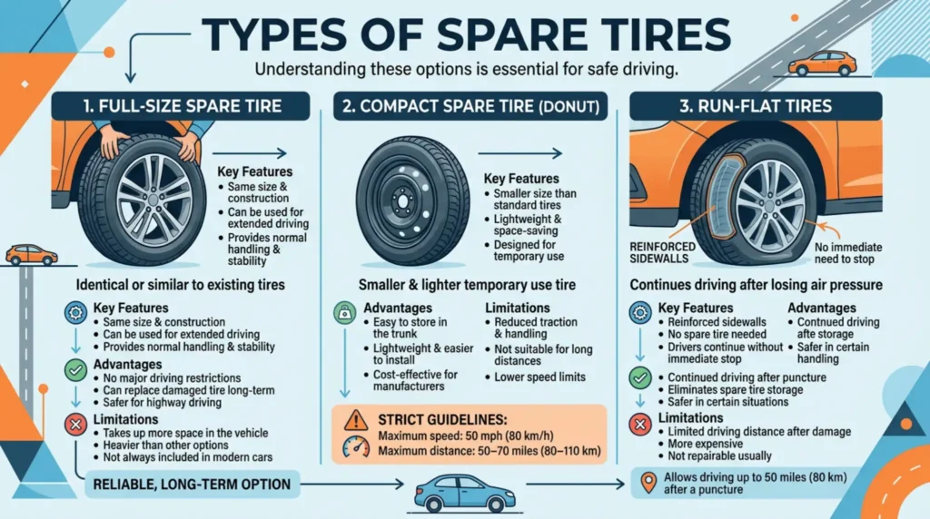 types of spare tires infographic showing full size spare donut spare and run flat tires with features and limitations