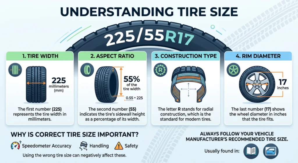 tire size explained diagram showing 225/55R17 tire width aspect ratio construction and rim diameter