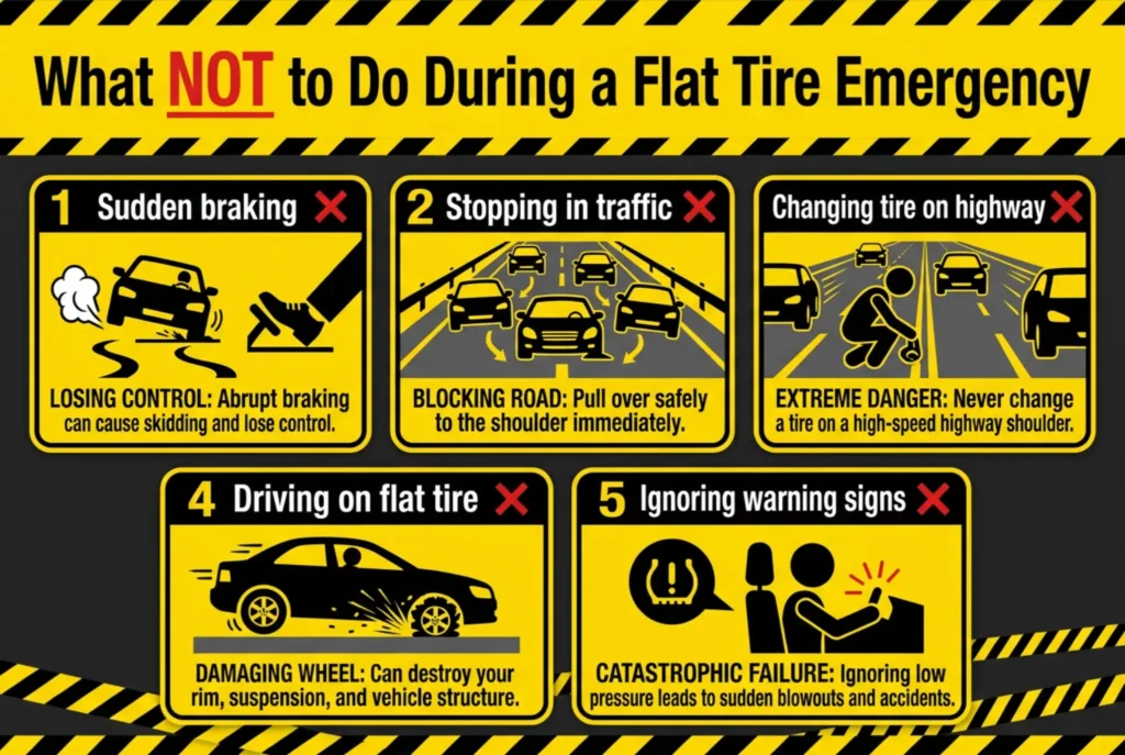 what not to do during a flat tire emergency infographic showing braking stopping in traffic highway tire change and warning mistakes