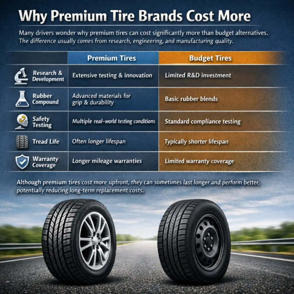 why premium tire brands cost more comparison chart showing research rubber compound safety testing and warranty differences