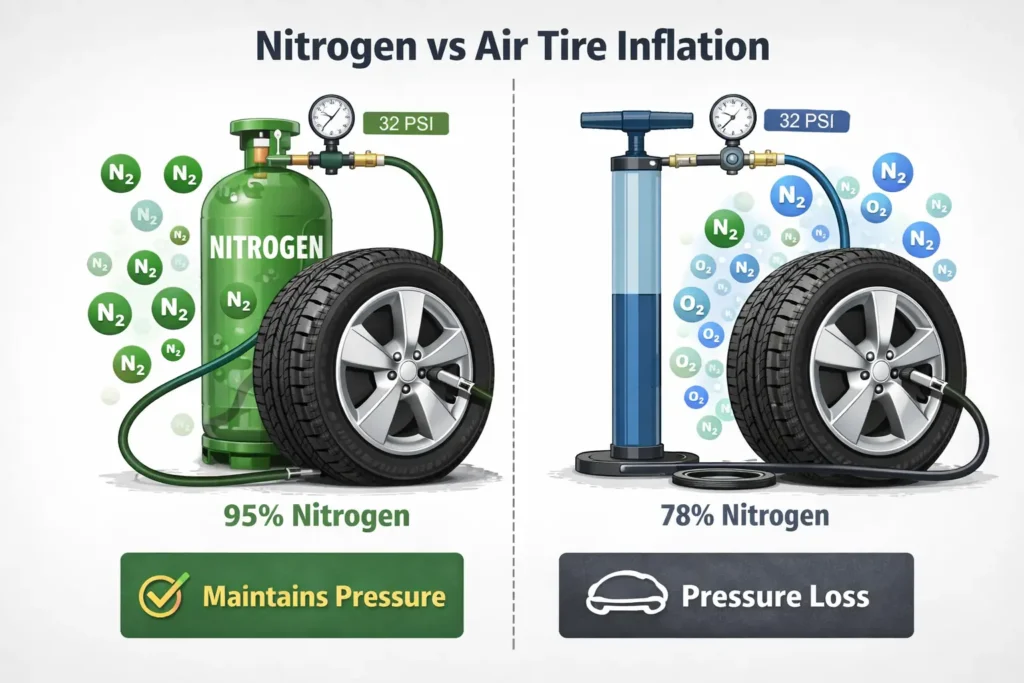nitrogen vs air tire inflation comparison showing pressure stability and gas composition