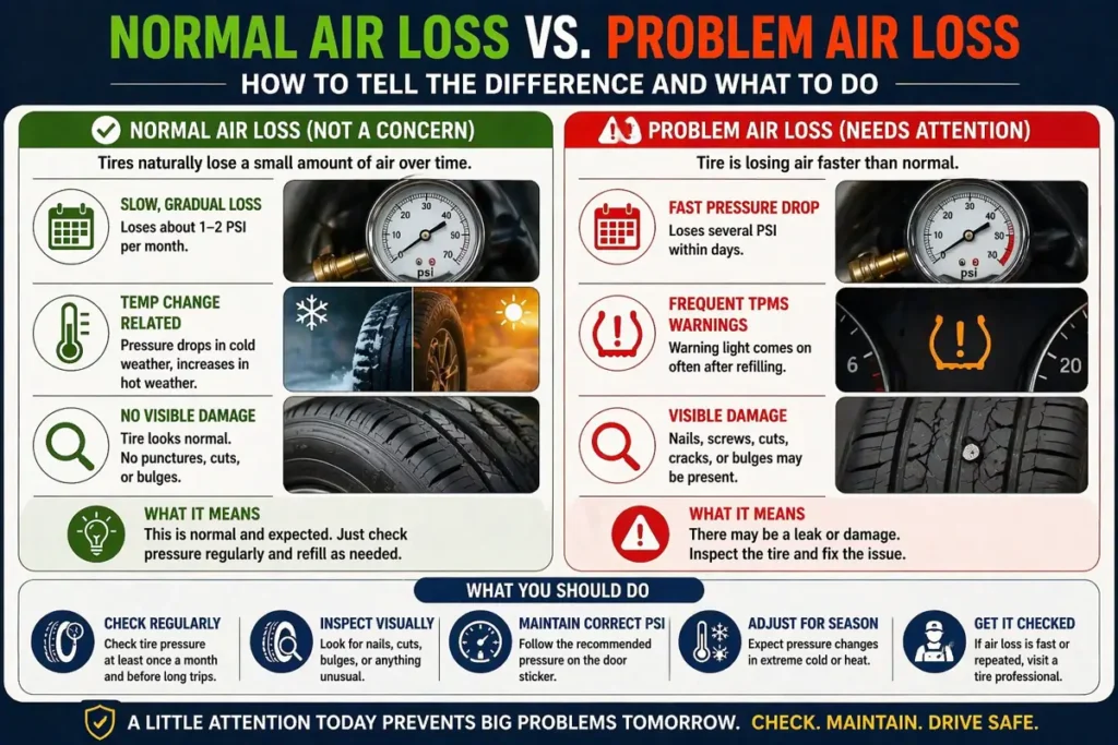 Comparison of normal tire air loss vs problem air loss showing signs, causes, and when to take action