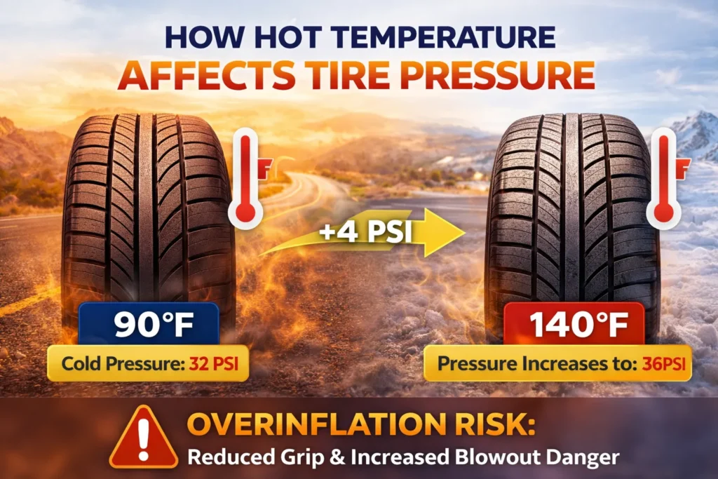 how heat affects tire pressure increase psi hot weather driving