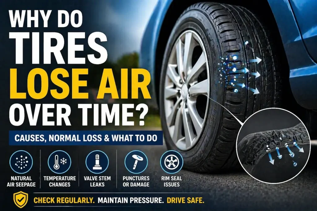 Infographic showing why tires lose air over time including temperature changes, leaks, and natural air seepage