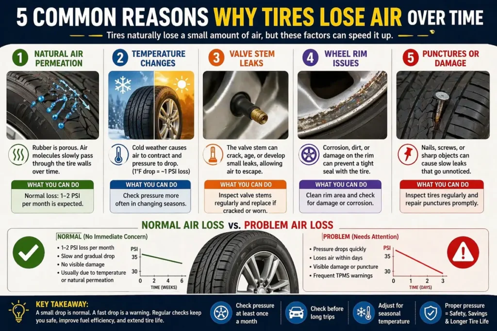 Infographic showing common reasons why tires lose air over time including temperature changes, punctures, valve leaks, and natural air loss